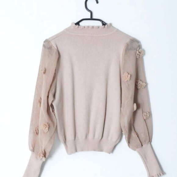 Vintage 90s Beige Flower Ruffle Mock Neck Jumper - Picture 3 of 6